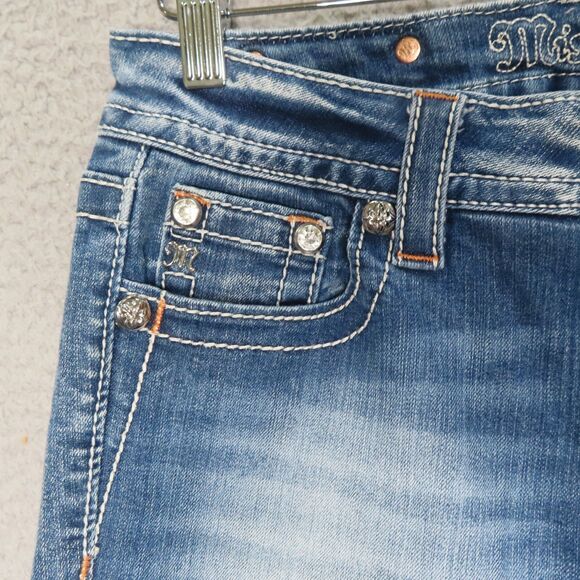 Miss Me Capri Jeans 26 Blue Embellished Bling Pockets Mid Rise Cuffed Denim - Picture 6 of 14